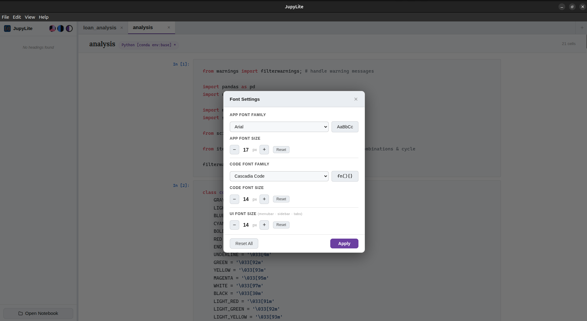 JupyLite Font Settings